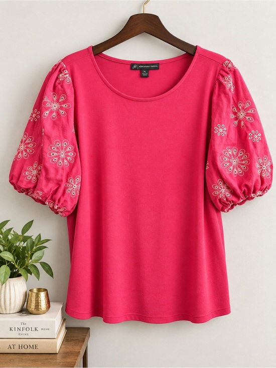 Tops - Adrianna Papell Pink Embroidered Puff Sleeve Top XL